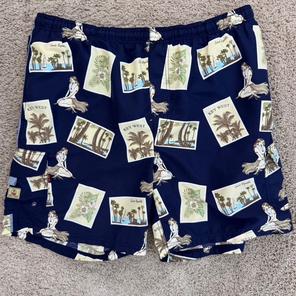 Joe Marlin Swim Trunks Mens‎ L Blue Hula Girl Key West Print Side Pockets Shorts - Picture 10 of 10